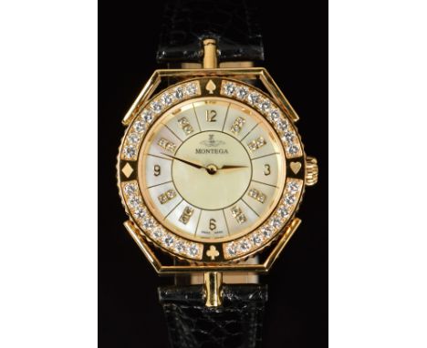 Montega 18ct gold wristwatch ref. EC10-152 with gold hands and Arabic numerals, mother of pearl dial, diamond set bezel and q