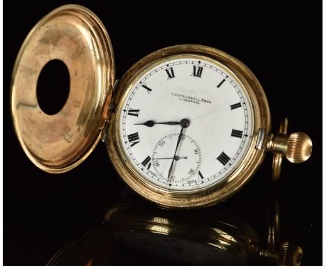 Thomas Russell &amp; Son gold plated half hunter pocket watch with inset subsidiary seconds dial, blued hands, black Roman nu