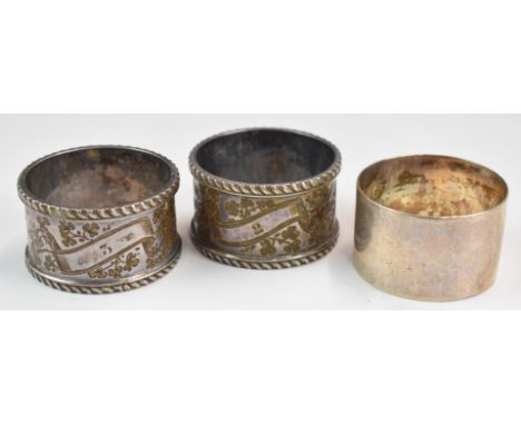 Three hallmarked silver napkin rings including a pair, London 1905, maker William Hutton &amp; Sons Ltd, weight of all three 