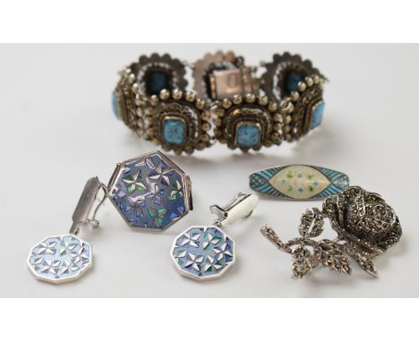 A silver ring and earrings set with Daniel Vior enamel, silver bracelet 800 and two brooches
