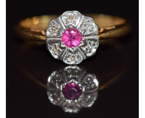 Art Deco 18ct gold&nbsp;ring set with a ruby and diamonds, 2.7g, size K