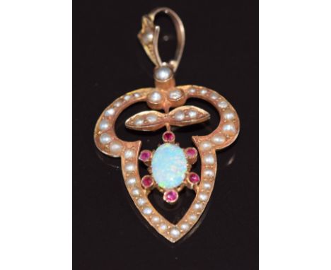 Art Nouveau 9ct rose gold&nbsp;pendant set with an opal, rubies and seed pearls, maker CF, 2.8g, 3.8 x 2.1cm