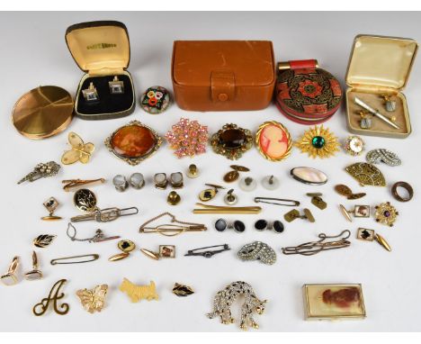 A collection of brooches including micro mosaic, Victorian and vintage, mother of pearl pendant, cufflinks, etc