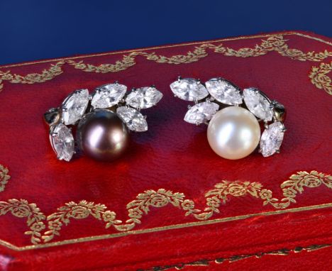 A pair of 1950s Cartier 18ct white gold earrings set with a pearl measuring approximately 8.3mm and five marquise cut diamond