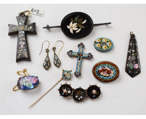 A micro mosaic cross, stick pin, brooch and a pair of earrings, two silver brooches set with pietra dura, two inlaid Victoria