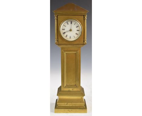 A 19thC or early 20thC brass miniature novelty longcase clock, with key wound movement stamped E G L, height including pedime
