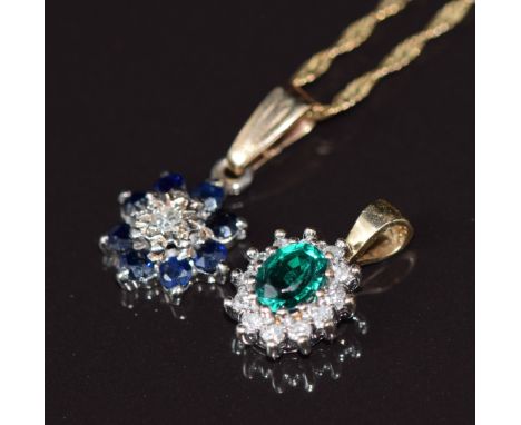 A 9ct gold pendant set with a diamond surrounded by sapphires, a 9ct gold pendant set with quartz surrounded by diamonds and 