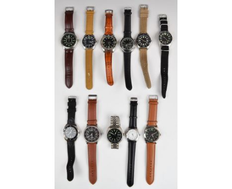 Eleven military style gentleman's wristwatches including chronograph and diver's examples.&nbsp;