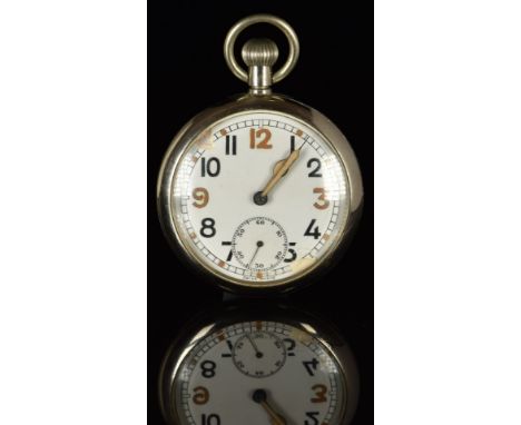 Bravingtons keyless winding open faced military pocket watch with inset subsidiary seconds dial, luminous hands, Arabic numer