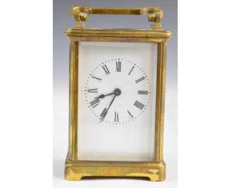 19th or early 20thC brass cased carriage clock with bevelled glass, marked to movement R&amp;Co made in Paris, height 15cm