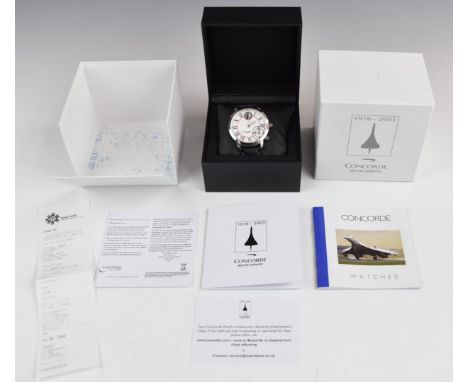 British Airways Concorde dual time gentleman's wristwatch with luminous skeleton hands, silver dial inset with a piece of tit
