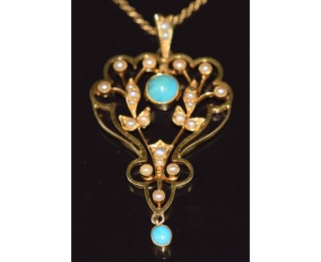 Edwardian 15ct gold pendant set with turquoise cabochons and seed pearls on 9ct gold chain, 7g