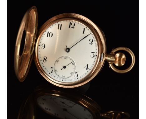Unnamed 9ct gold keyless winding half hunter pocket watch with subsidiary seconds dial, blued hands, black Arabic numerals, w