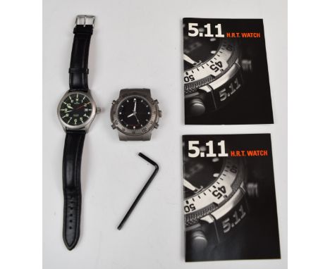 5.11 HRT Tactical titanium wristwatch with white hands and hour markers, digital dial, titanium case and quartz movement, cas