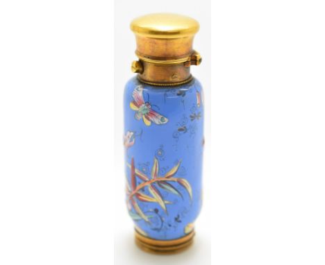 Sampson &amp; Mordan gilt metal and enamel dual purpose perfume bottle and vinaigrette, the top with spring loaded push butto