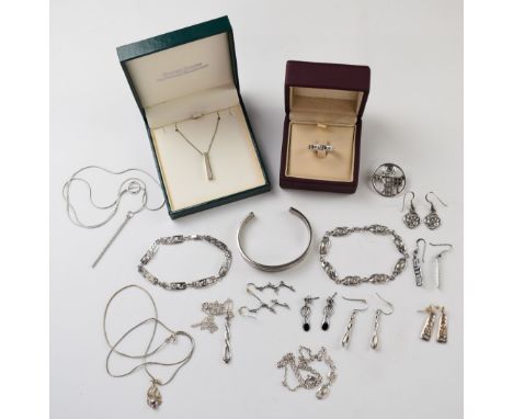 A collection of silver jewellery including ring, necklaces, earrings etc