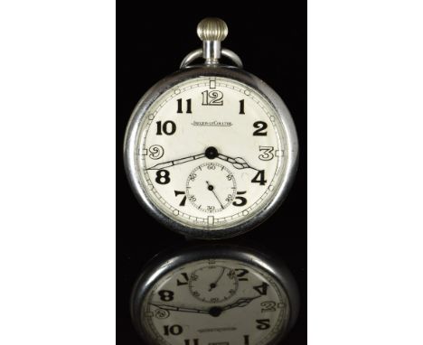 Jaeger LeCoultre keyless winding open faced military pocket watch with inset subsidiary seconds dial, pierced blued hands, Ar