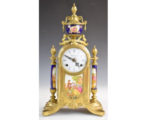 French brass and porcelain mantel clock with 'Imperial' to the face and decorated with Watteau scenes, height 42cm