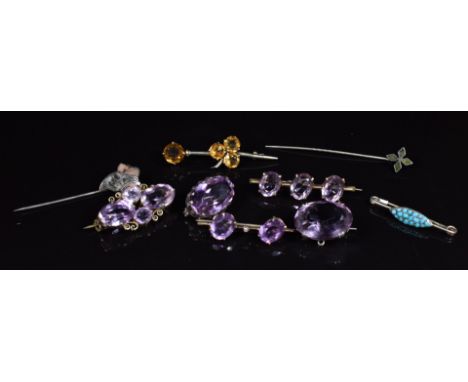 Nine silver c1920 brooches set with turquoise, amethyst and citrine and two silver stick pins set with agate&nbsp;