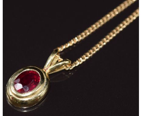 An 18ct gold pendant set with an oval cut ruby of approximately 1.75ct, on 18ct gold chain, 9.3g&nbsp;
