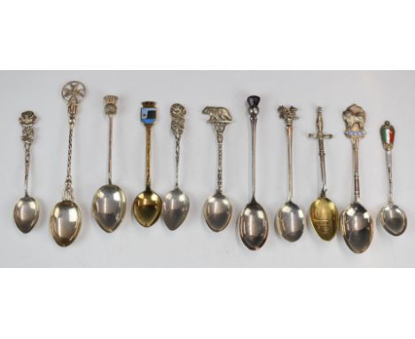 Hallmarked silver and white metal collector's spoons including four 800 or 835 grade examples, some with enamel decoration, w