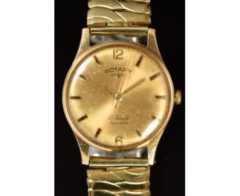 Rotary 9ct gold gentleman's wristwatch with gold hands and hour markers, champagne dial and 17 jewel movement, on expanding g