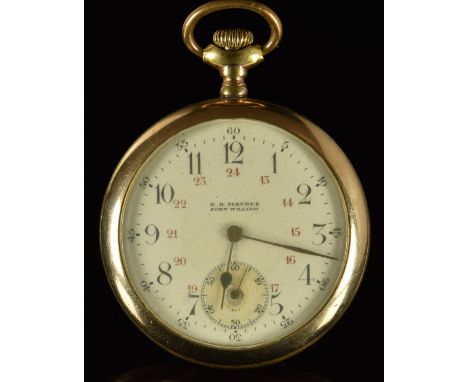 Zenith for R B Maybee gold plated keyless winding open faced pocket watch with inset subsidiary seconds dial, black Arabic nu