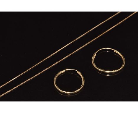 A pair of 9ct gold earrings and 9ct gold chain, 1.8g&nbsp;