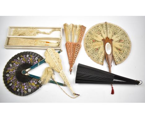 Collection of 19thC fans including carved bone with cut steel decoration, lace and an Italian inlaid wooden example with draw