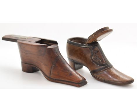 Two 19thC carved mahogany shoes, one a snuff box the other a vesta, longer of the two length 10cm