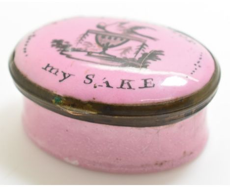19thC 'Keep this for my sake' enamel pill box, with a bird amongst a garden to lid, length 5cm