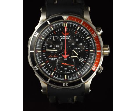 Vostok Anchar K-162 Submarine gentleman's diver's style chronograph wristwatch with date aperture, luminous hands, black dial