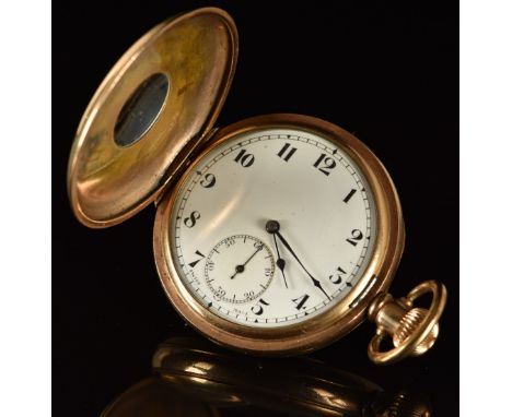 English gold plated keyless winding half hunter pocket watch with inset subsidiary seconds dial, blued hands, black Arabic nu