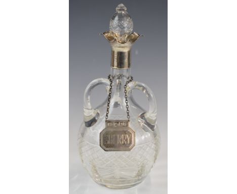 Edward VII hallmarked silver mounted cut glass three handled decanter, Birmingham 1904, maker&nbsp;J Sherwood &amp; Sons, wit