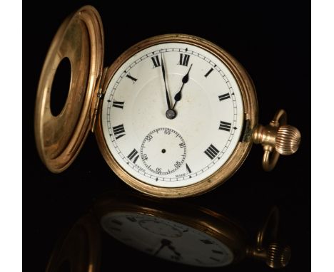 Pluto 9ct gold keyless winding half hunter pocket watch with subsidiary seconds dial, blued hands, black Roman numerals, whit