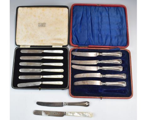 Two cased sets of knives, one with hallmarked silver blades and mother of pearl handles London 1938, maker Harrods, length 15