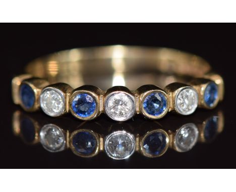 A 9ct gold half eternity ring set with sapphires and diamonds, 1.8g, size M