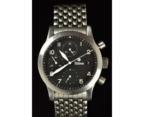 Tutima FX gentleman's automatic chronograph wristwatch with date aperture, luminous hands and Arabic numerals, black dial, st