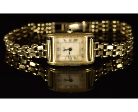 Rotary ladies wristwatch with blued hands, Roman numerals, white dial and quartz movement, on 9ct gold bracelet, case diamete