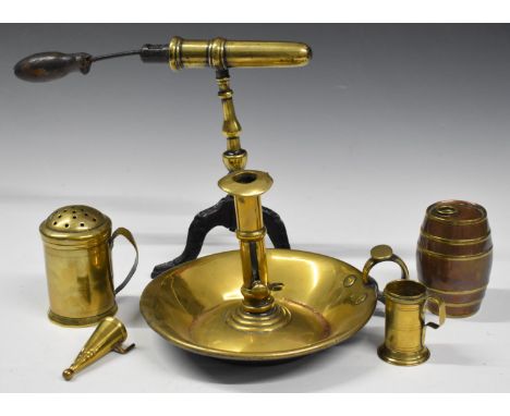 Brassware to include chamber stick, diameter 21cm, novelty miniature copper and brass barrel, 19thC flour or similar shaker, 