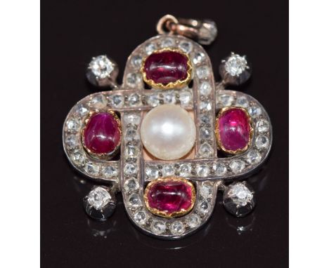 Victorian pendant set with a natural pearl, ruby cabochons, old and rose cut diamonds, 6.9g, 2.5cm&nbsp;