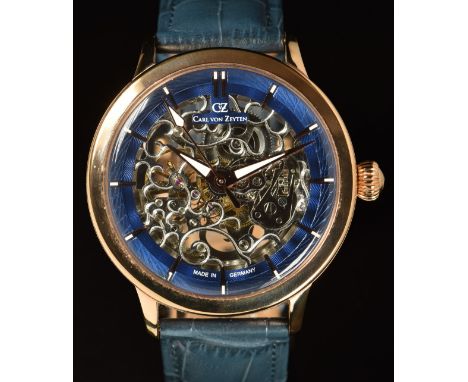 Carl Von Zeyten gentleman's automatic wristwatch ref. CVZ0013 with engraved silver skeleton dial, blue enamel chapter ring, r