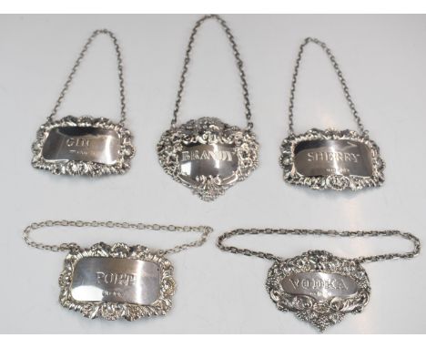 Five various modern hallmarked silver bottle tickets comprising sherry, gin, vodka, port and brandy, weight of all 71g