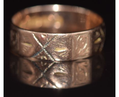 A 9ct rose gold ring with engraved decoration, Birmingham 1878, 1.9g, size M
