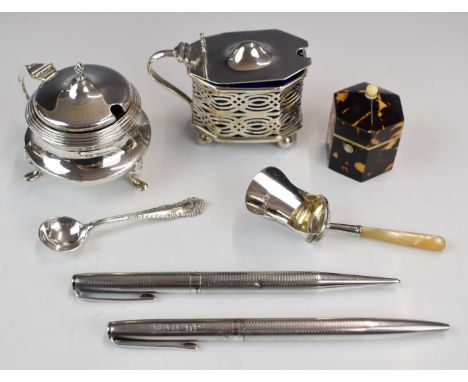 Two hallmarked silver mustards, Edward VII or Victorian hallmarked silver caddy scoop, Birmingham 1901, maker&nbsp;Hilliard &