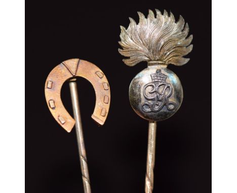 Royal Artillery 9ct gold&nbsp;military stick pin in Goldsmiths &amp; Silversmiths box and a 9ct gold horseshoe stick pin