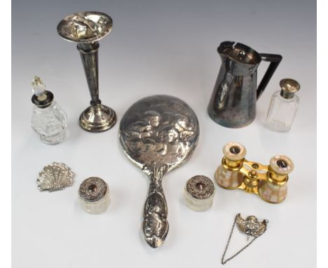 Hallmarked silver items comprising trumpet vase, height 17.5cm, two silver mounted scent bottles, hand mirror with Reynold's 