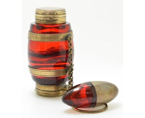 Cranberry / Ruby glass and gilt metal double ended vinaigrette / scent bottle in the form of a coopered barrel with suspensio