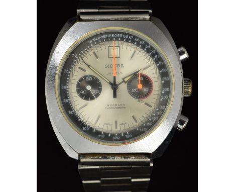 Sicura (Breitling) gentleman's chronograph wristwatch with date aperture, luminous hour and minutes hands, orange centre seco