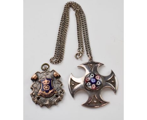 Scottish hallmarked silver pendant set with a millefiori cabochon by Caithness and a silver Derbyshire football fob for 1921